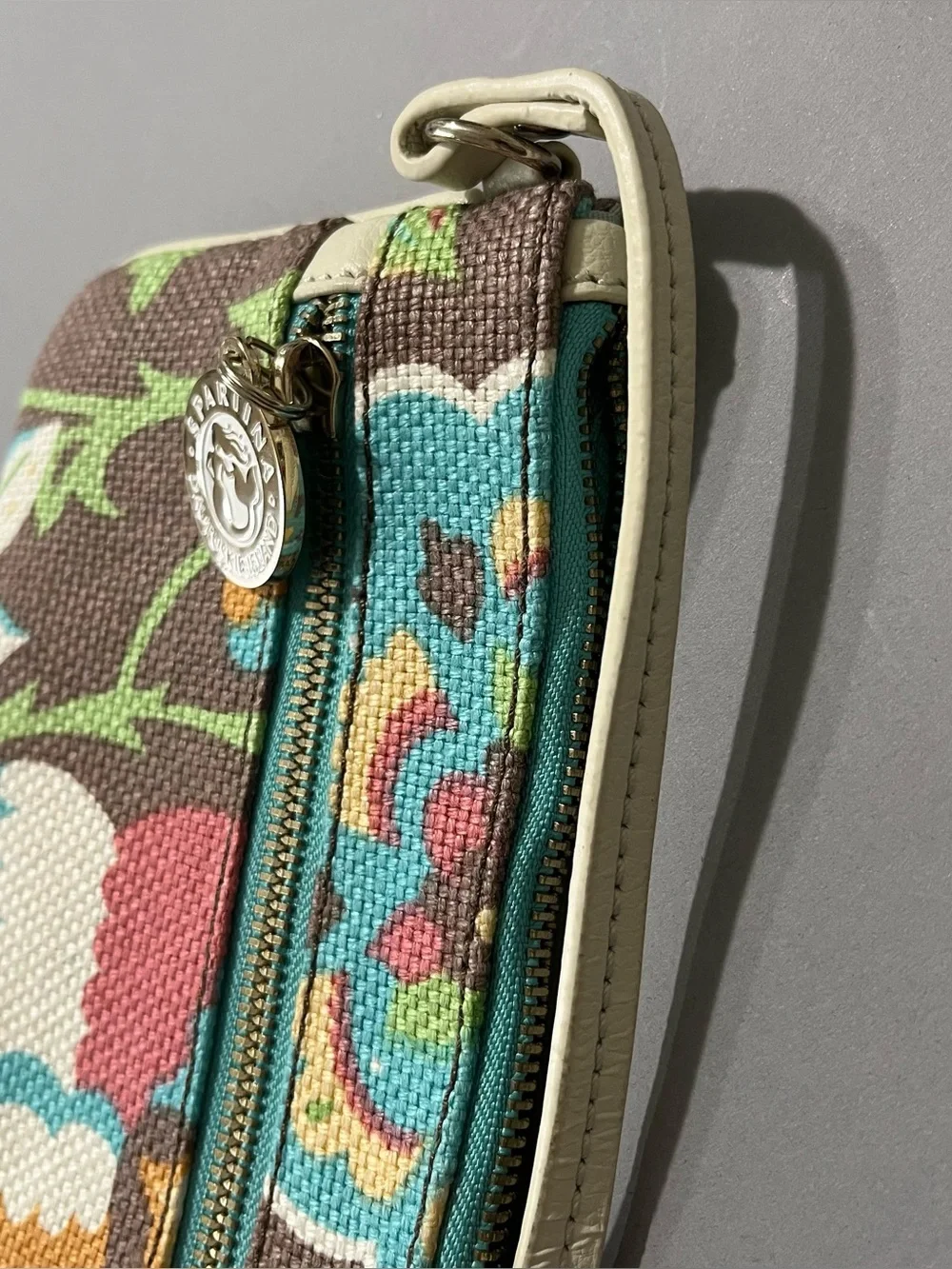 NWT Spartina 449 Brown Multicolor Floral Linen Leather Wristlet Clutch
